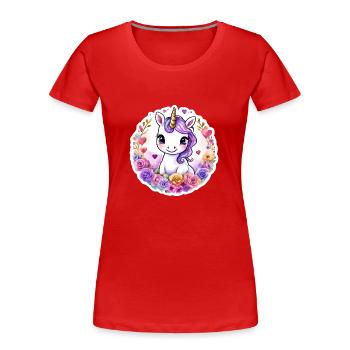Licorne avec des fleurs/Roses colorées - Licorne douce - T-shirt bio Premium Femme - rouge - Devant - Mia (176cm)