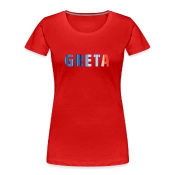Greta | Warming Stripes - Frauen Premium Bio T-Shirt - Rot - Vorne - Mia (176cm)