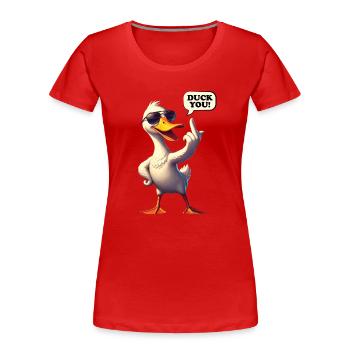Bande dessinée drôle « DuckYou » Canard - T-shirt bio Premium Femme - rouge - Devant - Mia (176cm)