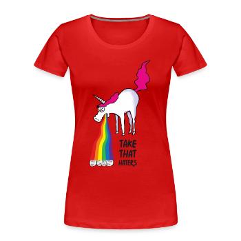 Unicorn vomiting rainbow - take that haters - Women's Premium Organic T-Shirt - red - Front - Mia (176cm)