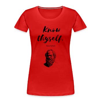 " Know thyself " Socrates - T-shirt bio Premium Femme - rouge - Devant - Mia (176cm)
