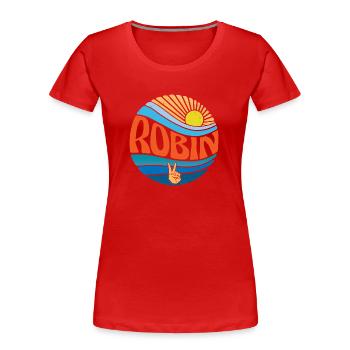 Robin Shirt Vintage Sunset Robin Groovy Tie Dye - T-shirt bio Premium Femme - rouge - Devant - Mia (176cm)