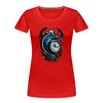 Die Uhr im Nebel der Unendlichkeit. - Frauen Premium Bio T-Shirt - Rot - Vorne - Mia (176cm)