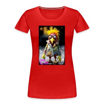 Humorous bird artist doll with colorful hairstyle - Women's Premium Organic T-Shirt - red - Front - Mia (176cm)