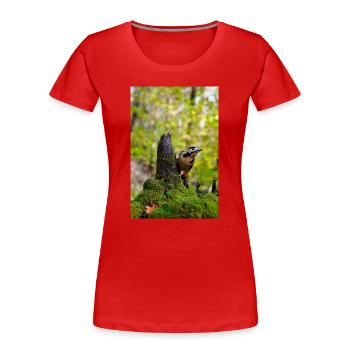 Forest Woodpecker on Mossy Stump - Women's Premium Organic T-Shirt - red - Front - Mia (176cm)