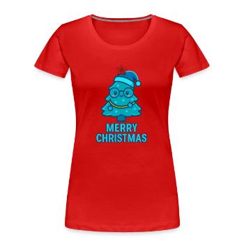 Blue cartoon Christmas tree with glasses - Women's Premium Organic T-Shirt - red - Front - Mia (176cm)