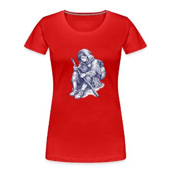 Wandernder Hüter mit Stab und Kapuze - Frauen Premium Bio T-Shirt - Rot - Vorne - Mia (176cm)