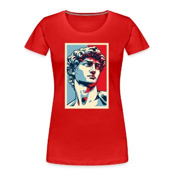 David Michelangelo in Pop Art: Blau-Rot-Porträt - Frauen Premium Bio T-Shirt - Rot - Vorne - Mia (176cm)