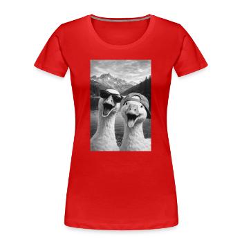 Geese with sunglasses at the mountain lake - Women's Premium Organic T-Shirt - red - Front - Mia (176cm)