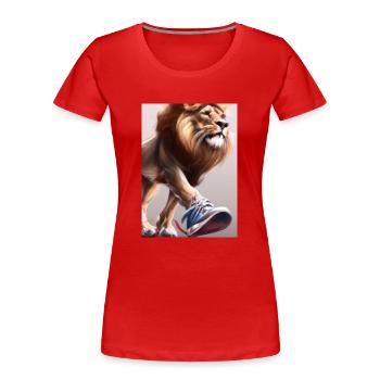 Löwe trägt Turnschuhe - Frauen Premium Bio T-Shirt - Rot - Vorne - Mia (176cm)