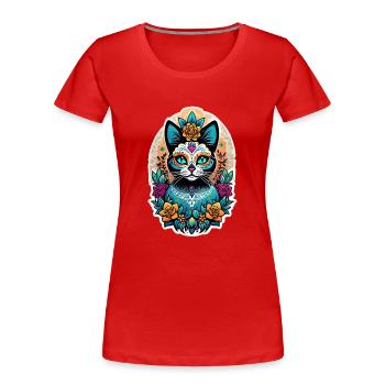 Katze Mexiko - Dia de los Muertos - Frauen Premium Bio T-Shirt - Rot - Vorne - Mia (176cm)