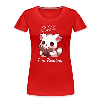 Katze mit Buch - Frauen Premium Bio T-Shirt - Rot - Vorne - Mia (176cm)