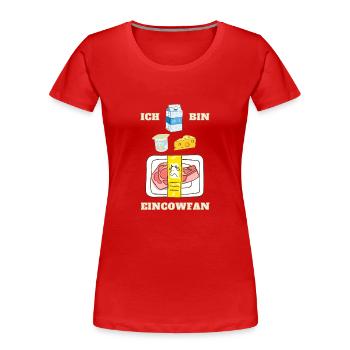 Einkaufen vs Eincowfan - Kuhprodukte im Überblick - Frauen Premium Bio T-Shirt - Rot - Vorne - Mia (176cm)