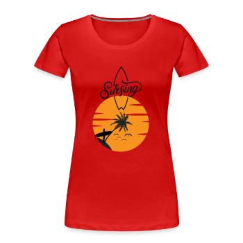 Surfbrett mit Sonnenuntergang Rot - Surfing - Frauen Premium Bio T-Shirt - Rot - Vorne - Mia (176cm)