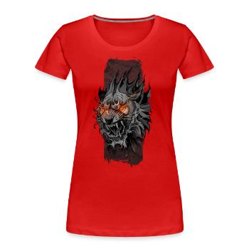Roi de l’enfer : Regard flamboyant du lion - T-shirt bio Premium Femme - rouge - Devant - Mia (176cm)