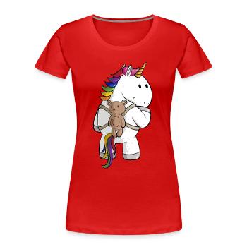 Comic Einhorn mit Rucksack - Frauen Premium Bio T-Shirt - Rot - Vorne - Mia (176cm)