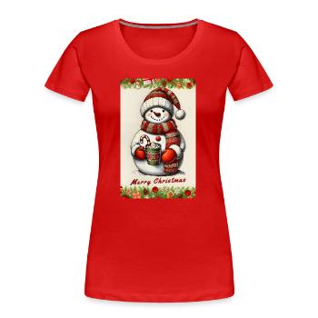 Fröhlicher Schneemann mit heißer Schokolade - Frauen Premium Bio T-Shirt - Rot - Vorne - Mia (176cm)