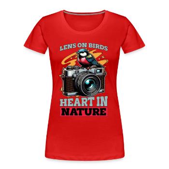 Objectif de photographie d’oiseau sur le cœur d’oiseau dans l’observation des oiseaux - T-shirt bio Premium Femme - rouge - Devant - Mia (176cm)