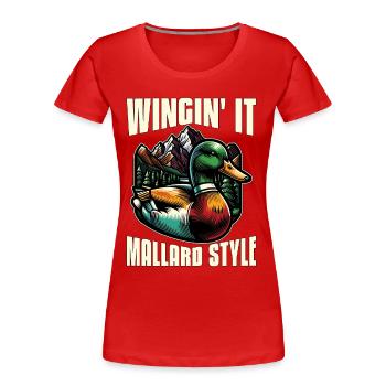 Canard colvert Wingin' It Chasseur de canard de style canard colvert - T-shirt bio Premium Femme - rouge - Devant - Mia (176cm)