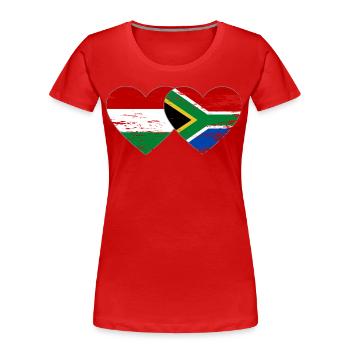 Hongrie Afrique du Sud Drapeau Mains Coeur Forme Utilisé - T-shirt bio Premium Femme - rouge - Devant - Mia (176cm)