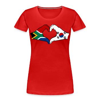 Afrique du Sud Corée du Sud Drapeau Mains Coeur Forme - T-shirt bio Premium Femme - rouge - Devant - Mia (176cm)