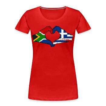 Afrique du Sud Grèce Drapeau Mains Coeur Forme Utilisé - T-shirt bio Premium Femme - rouge - Devant - Mia (176cm)
