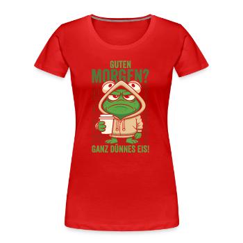 Morning frog in hoodie with coffee mug - Women's Premium Organic T-Shirt - red - Front - Mia (176cm)