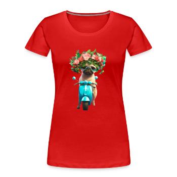 E-Rolller Mops mit Blumenkranz - Frauen Premium Bio T-Shirt - Rot - Vorne - Mia (176cm)