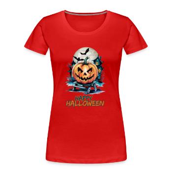 Happy Halloween with Spooky House & Jack-o'-lanterns - Women's Premium Organic T-Shirt - red - Front - Mia (176cm)