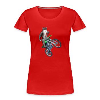 CAT RIDING A DIRT BIKE - TRAILS BIKE CAT - Women's Premium Organic T-Shirt - red - Front - Mia (176cm)