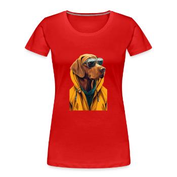 Cooler Magyar Vizsla Hund im gelben Mantel - Frauen Premium Bio T-Shirt - Rot - Vorne - Mia (176cm)