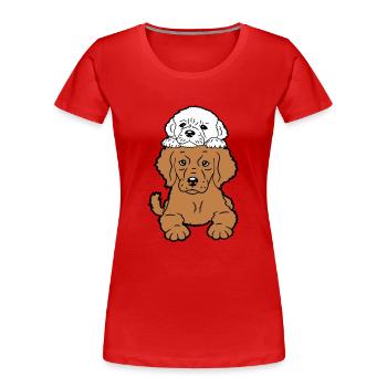 2 Puppies Dogs Lying On Top Two Friends Duo - Women's Premium Organic T-Shirt - red - Front - Mia (176cm)