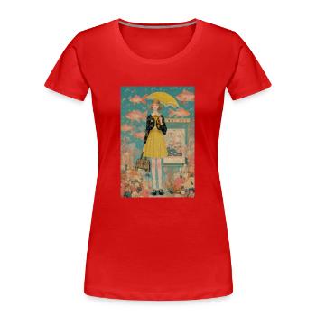 Fille en jupe jaune avec poisson rouge - T-shirt bio Premium Femme - rouge - Devant - Mia (176cm)