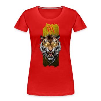 Majestätischer Zorn: Grimmig brüllender Tiger - Frauen Premium Bio T-Shirt - Rot - Vorne - Mia (176cm)