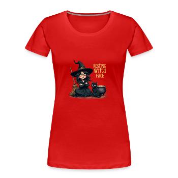 Visage de sorcière au repos, sorcière mignonne avec chat et balai - T-shirt bio Premium Femme - rouge - Devant - Mia (176cm)