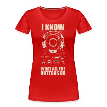 Ich weiß, was alle Tasten tun - Frauen Premium Bio T-Shirt - Rot - Vorne - Mia (176cm)