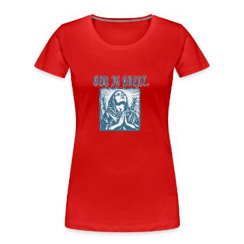 Dieu est grand – Femme en prière, Faith Design - T-shirt bio Premium Femme - rouge - Devant - Mia (176cm)