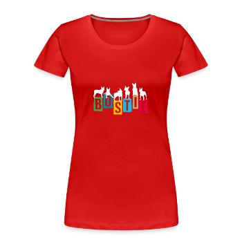 Boston Terrier bunte Buchstaben und Silhouetten - Frauen Premium Bio T-Shirt - Rot - Vorne - Mia (176cm)