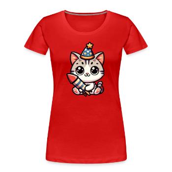 Neujahr Sylvester Katze Rakete Süß Comic - Frauen Premium Bio T-Shirt - Rot - Vorne - Mia (176cm)