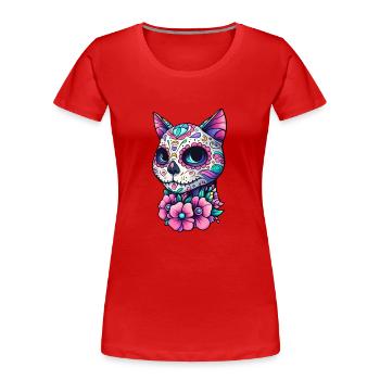 Floral Feline Dia de los Muertos - Frauen Premium Bio T-Shirt - Rot - Vorne - Mia (176cm)