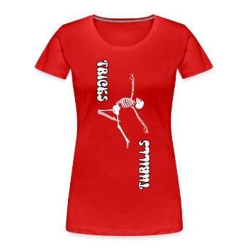 TRICKS ODER NERVENKITZEL, HALLOWEEN-SKELETTTANZ - Frauen Premium Bio T-Shirt - Rot - Vorne - Mia (176cm)