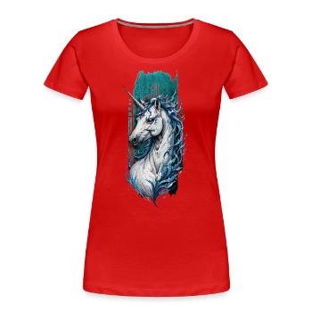 Sérénité azur : Licorne à la crinière d’eau bleue - T-shirt bio Premium Femme - rouge - Devant - Mia (176cm)