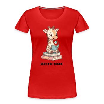 Lernende Giraffe mit Lesestapel - Frauen Premium Bio T-Shirt - Rot - Vorne - Mia (176cm)