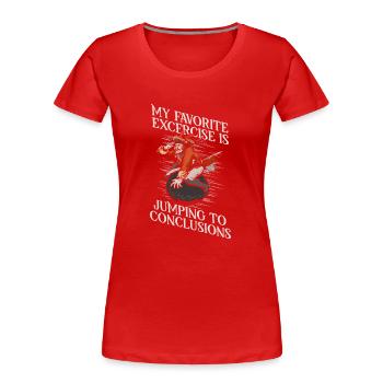 Favorite Exercise: Hasty Conclusions, Cow Motif - Women's Premium Organic T-Shirt - red - Front - Mia (176cm)