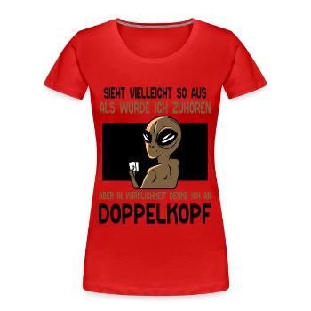 in Wirklichkeit denke ich an Doppelkopf - Frauen Premium Bio T-Shirt - Rot - Vorne - Mia (176cm)