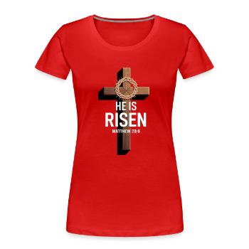 Christliche Botschaft Er Auferstanden - Frauen Premium Bio T-Shirt - Rot - Vorne - Mia (176cm)