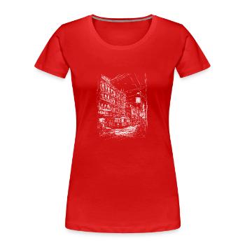 Stadtbild Relief mit Straßenbahn und Strommasten - Frauen Premium Bio T-Shirt - Rot - Vorne - Mia (176cm)
