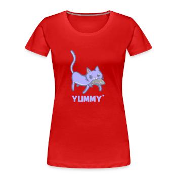 Chat et poisson - dent sucrée - T-shirt bio Premium Femme - rouge - Devant - Mia (176cm)