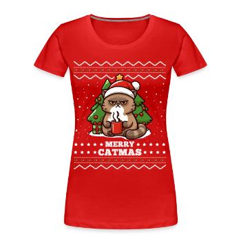 Joyeux Catmas Chat avec Chapeau de Père Noël Mignon Drôle - T-shirt bio Premium Femme - rouge - Devant - Mia (176cm)