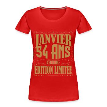 Janvier 54 ans. Cadeau 54 ans janvier anniversaire - T-shirt bio Premium Femme - rouge - Devant - Mia (176cm)